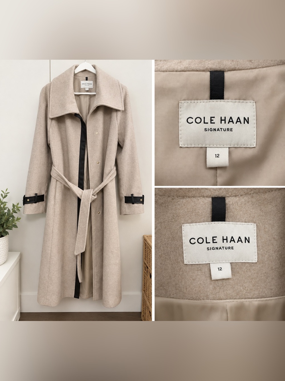 Cole Haan Cream Belted Wool-Blend Trench Coat with Trim